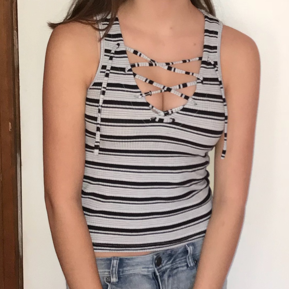Lace Up Striped, Ribbed Tank